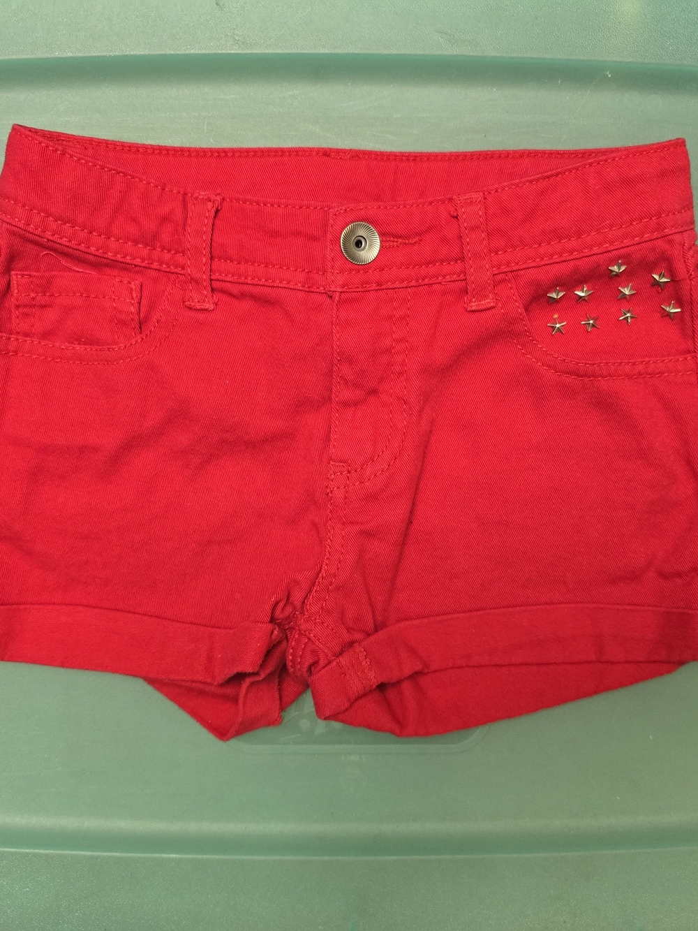 Women's Red Denim Studded Shorts